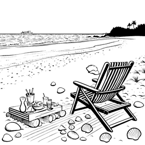 Bequemer Loungesessel am Strand mit köstlichen Snacks Ausmalbild für entspannte Abenteurer
