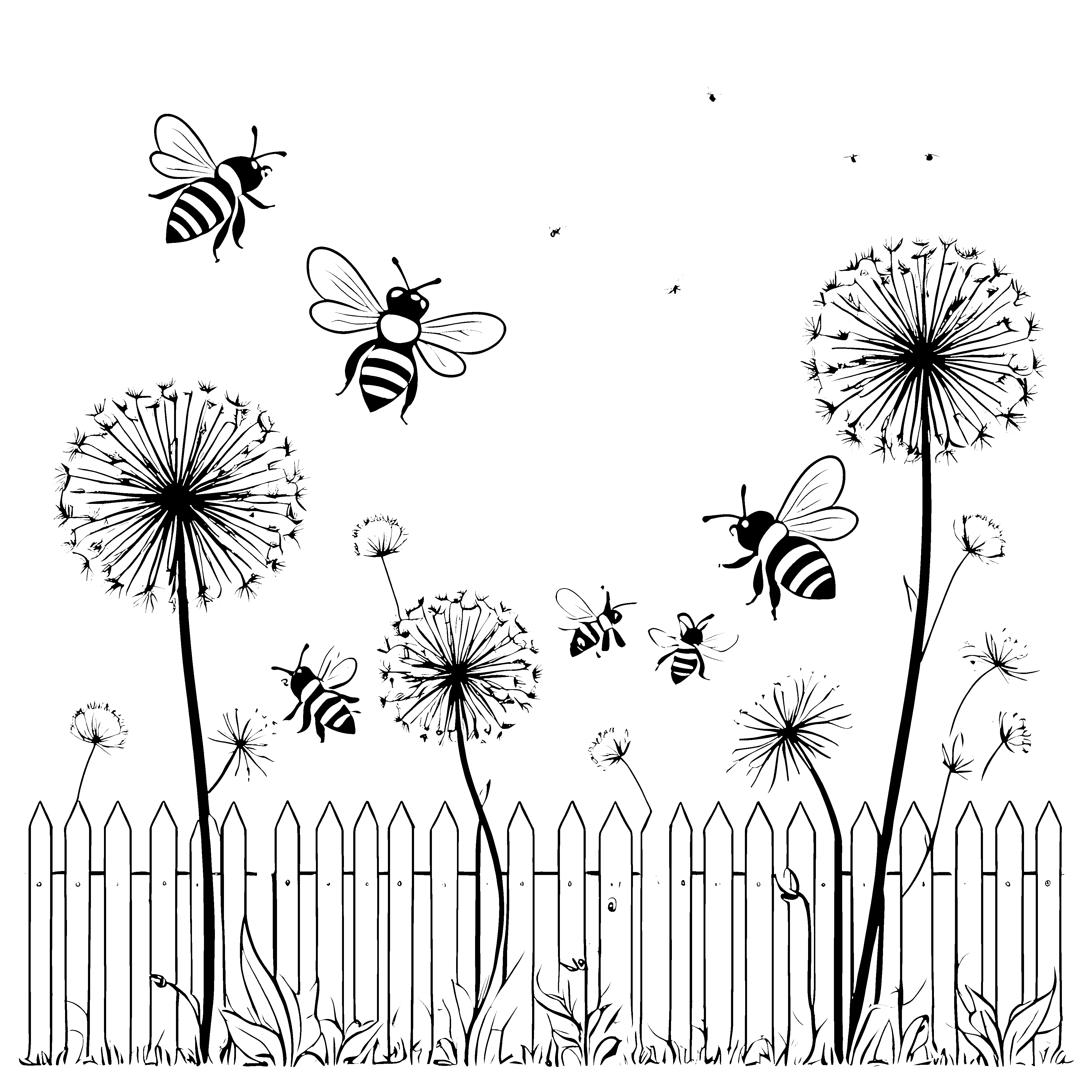 Bezaubernde Bienen um fröhliche Löwenzahnblüten Ausmalmotiv für kleine Naturforscher