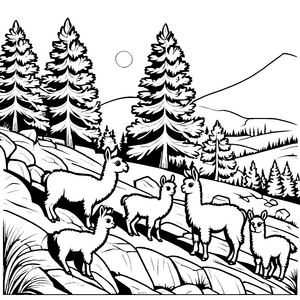 Witzige Lama-Jungtiere in der Berglandschaft Ausmalvorlage für kleine Naturfreunde