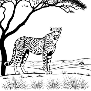 Majestätischer Gepard unter schattenspendendem Baum Ausmalmotiv für abenteuerlustige Naturfreunde