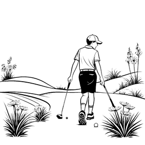 Dynamischer Golfer auf blühendem Platz Ausmalmotiv für junge Sportenthusiasten