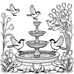Fröhliche Vögel am sprudelnden Brunnen Ausmalbild für kleine Naturforscher