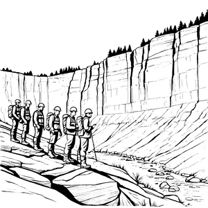 Entdeckungsreise der Geologen am beeindruckenden Felsen Ausmalvorlage für abenteuerlustige Forscher
