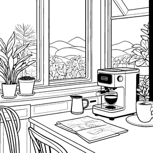 Moderne Kaffeemaschine in heimischer Küche Ausmalvorlage für junge Genussfreunde