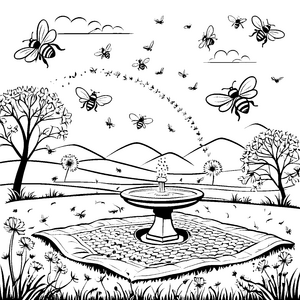 Fröhliche Bienen um den sprudelnden Brunnen Ausmalvorlage für eifrige Naturentdecker