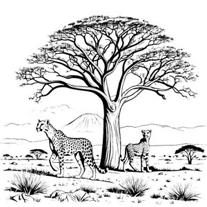 Zwei schnelle Geparden unter dem Baum Ausmalbild für abenteuerlustige Tierfreunde