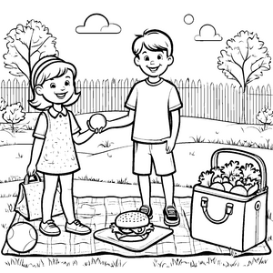 Fröhlicher Hamburger-Picknick mit lächelnden Kindern Ausmalvorlage für kleine Genussfreunde