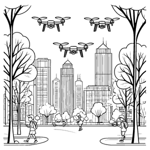 Futuristische Drohnen über der Stadt Ausmalvorlage für neugierige Technikfreaks