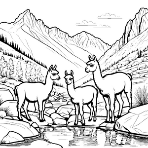 Süße Lama-Jungtiere am glitzernden Wasser Malvorlage für neugierige Tierfreunde