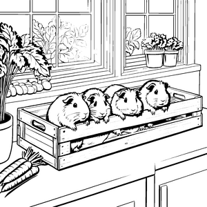 Fröhliche Meerschweinchen in gemütlicher Holzkiste Ausmalvorlage für tierliebe Künstler