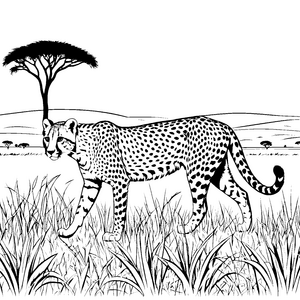 Eleganter Gepard beim Streifen durch die Savanne Ausmalmotiv für waghalsige Entdecker