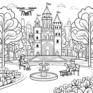 Spannende Drohne über prächtigem Märchenschloss Ausmalvorlage für junge Entdecker