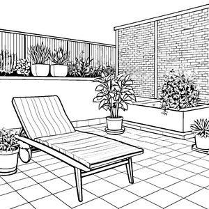 Entspannender Loungesessel mit blühenden Pflanzen Malvorlage für kleine Gartenfreunde