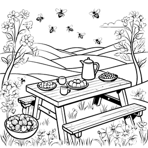 Fröhliche Bienen beim Picknick zwischen bunten Blumen Ausmalmotiv für kleine Gartenforscher