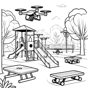 Abenteuerliche Drohne über dem Spielplatz Ausmalvorlage für junge Technikfans