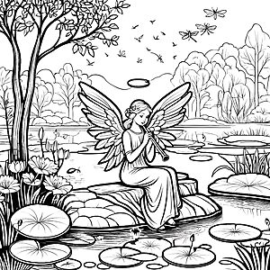 Zauberhafter Engel mit Flöte am glitzernden Teich Ausmalbild für träumerische Künstler