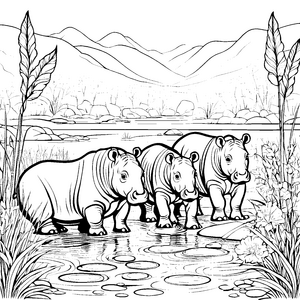 Wasserspaß mit niedlichen Nilpferdbabys Ausmalvorlage für junge Tierfreunde