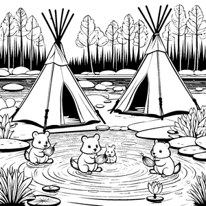 Verspielte Biberbabys am funkelnden Teich Ausmalvorlage für kleine Naturentdecker