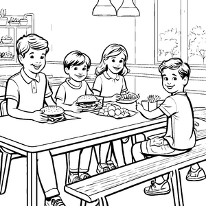 Lustige Kinder bei fröhlichem Hamburgeressen Ausmalbild für hungrige Entdecker
