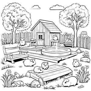 Aktive Meerschweinchen auf dem Gartenhof Ausmalmotiv für kleine Tierfreunde