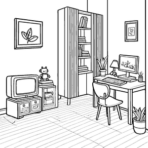 Inspirierender Arbeitsplatz mit Monitor und Bücherregal Ausmalbild für kreative Köpfe