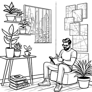 Bequemer Hipster mit Büchern in stylischem Ambiente Ausmalvorlage für kreative Denker