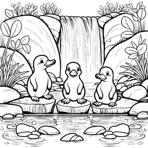 Niedliche Schnabeltier-Babys am sprudelnden Wasserfall Ausmalvorlage für begeisterte Naturfreunde