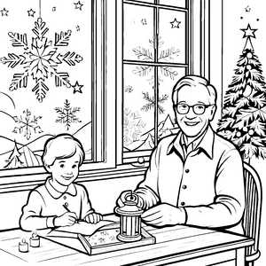 Frohes Basteln mit Opa und strahlendem Weihnachtsbaum Ausmalbild für kreative Stunden im Seniorenheim