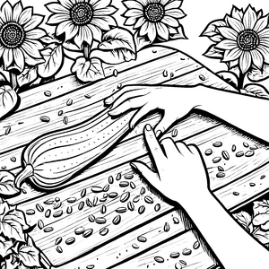 Zucchini in strahlendem Sonnenblumenfeld Ausmalmotiv für kleine Gartenfreunde