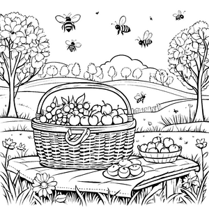 Fröhliche Bienen um einen bunten Obstkorb Ausmalmotiv für kleine Naturentdecker