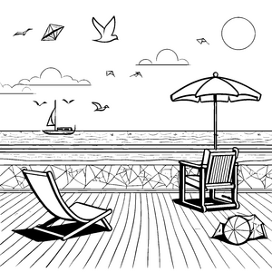 Entspanntes Strandambiente mit buntem Sonnenschirm Malvorlage für kreative Sonnenanbeter