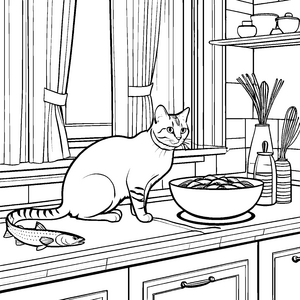 Schmackhafte Fische und glückliche Katze Ausmalvorlage für neugierige Tierfreunde