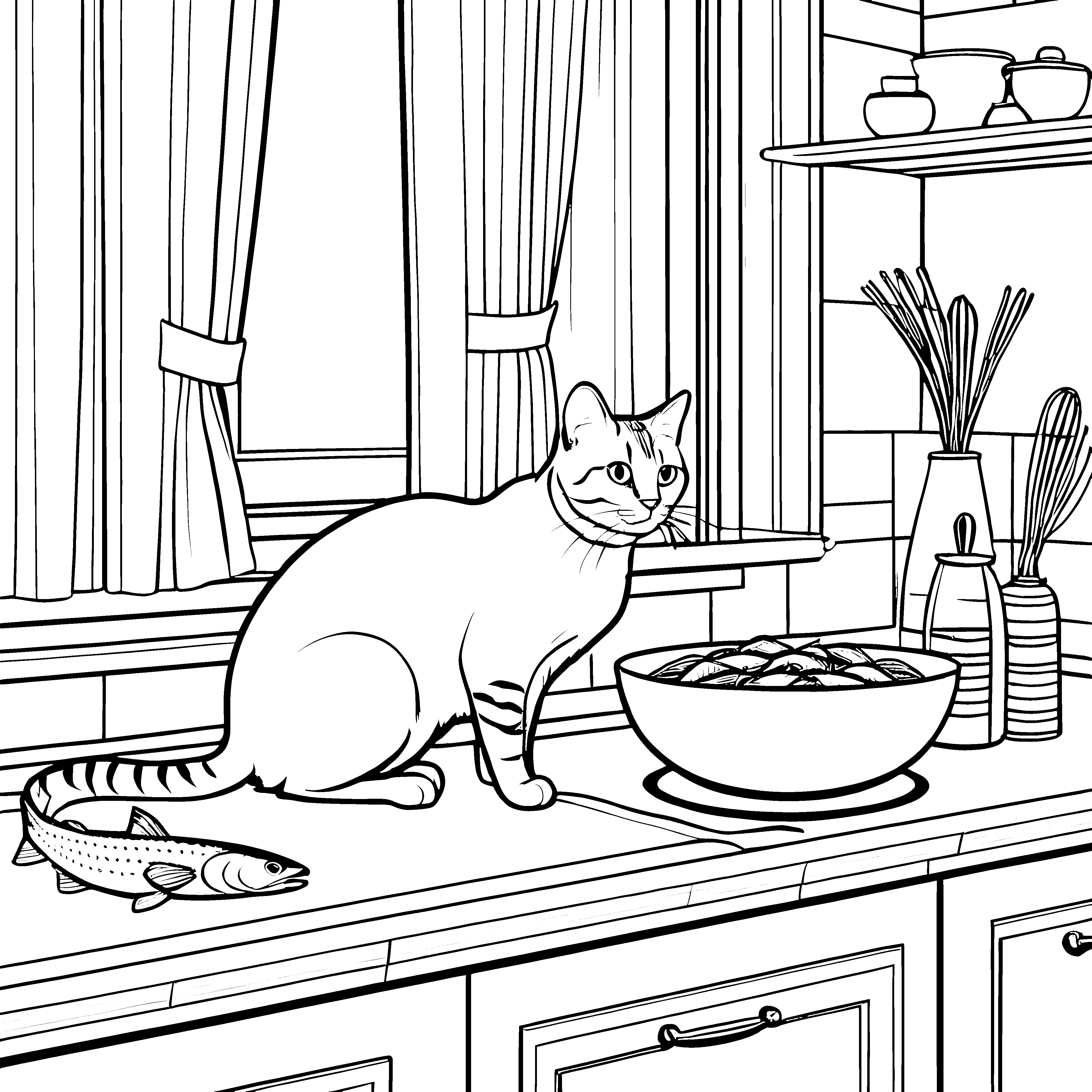 Schmackhafte Fische und glückliche Katze Ausmalvorlage für neugierige Tierfreunde