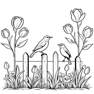 Singende Vögel am bunten Gartenzaun Malvorlage für kleine Naturentdecker