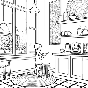 Kaffeegenuss in hellem Küchenambiente Ausmalbild für kleine Baristas
