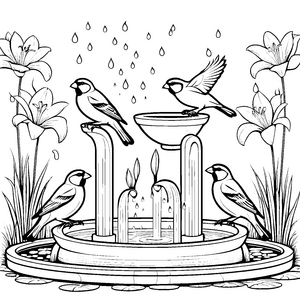 Fröhliche Vögel am sprudelnden Brunnen Ausmalvorlage für kleine Naturfreunde