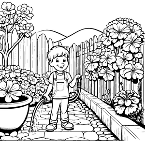 Fröhlicher Junge mit Gartenschlauch im blühenden Garten Ausmalbild für kleine Gartenfreunde