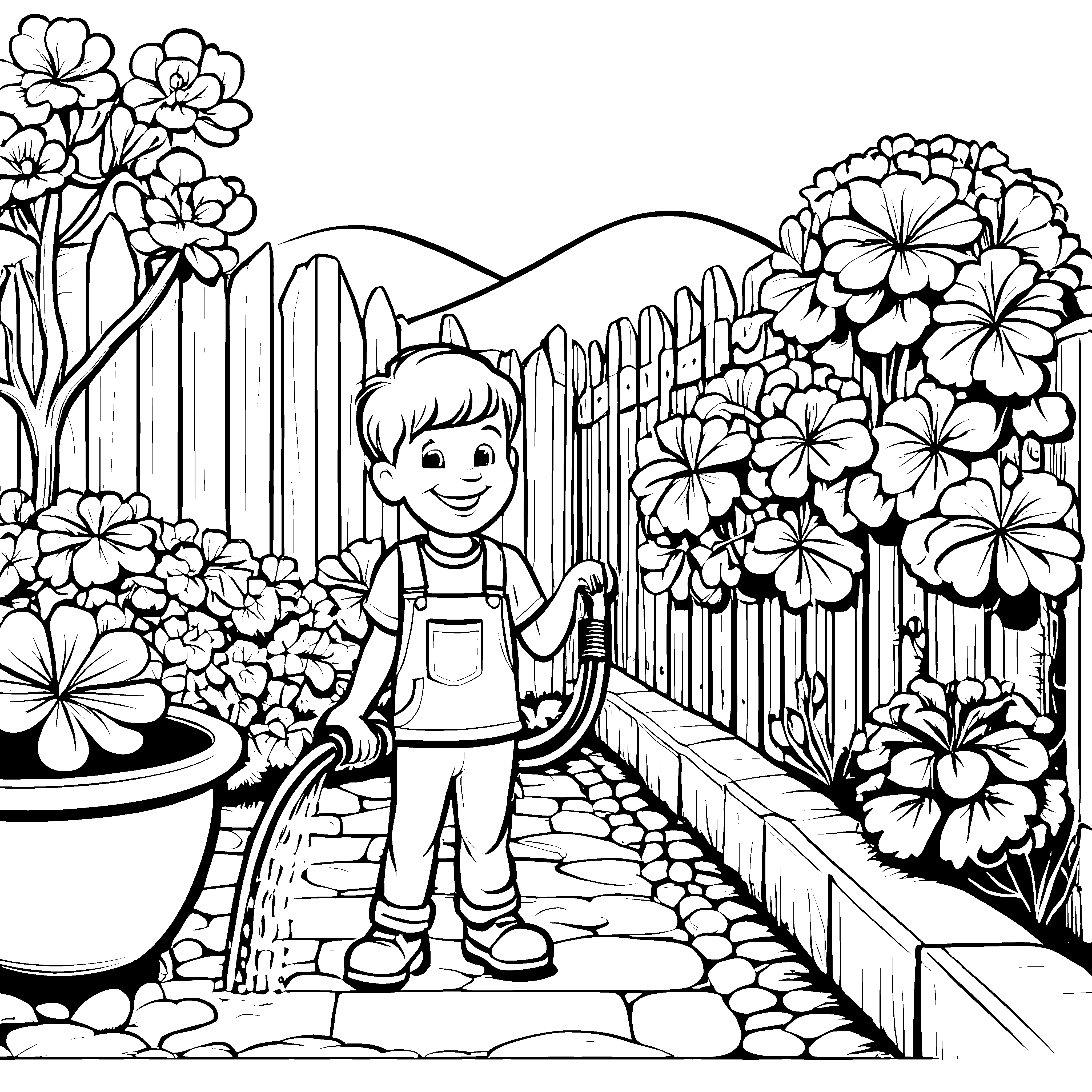 Fröhlicher Junge mit Gartenschlauch im blühenden Garten Ausmalbild für kleine Gartenfreunde