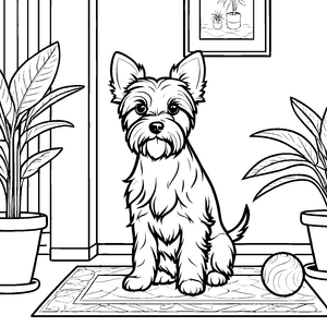 Verspielter Yorkshire Terrier auf buntem Teppich Ausmalmotiv für kreative Tierliebhaber