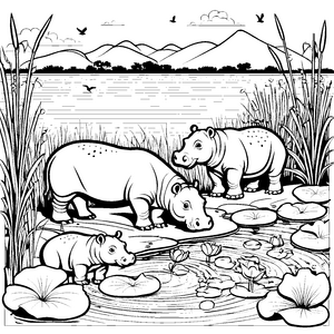 Verspielte Nilpferdbabys beim Plantschen Malvorlage für kleine Wasserfreunde