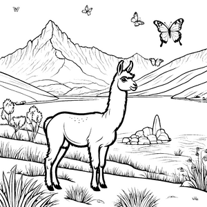 Verspielt lachendes Lama-Jungtier vor herrlicher Berglandschaft Ausmalvorlage für neugierige Naturfreunde