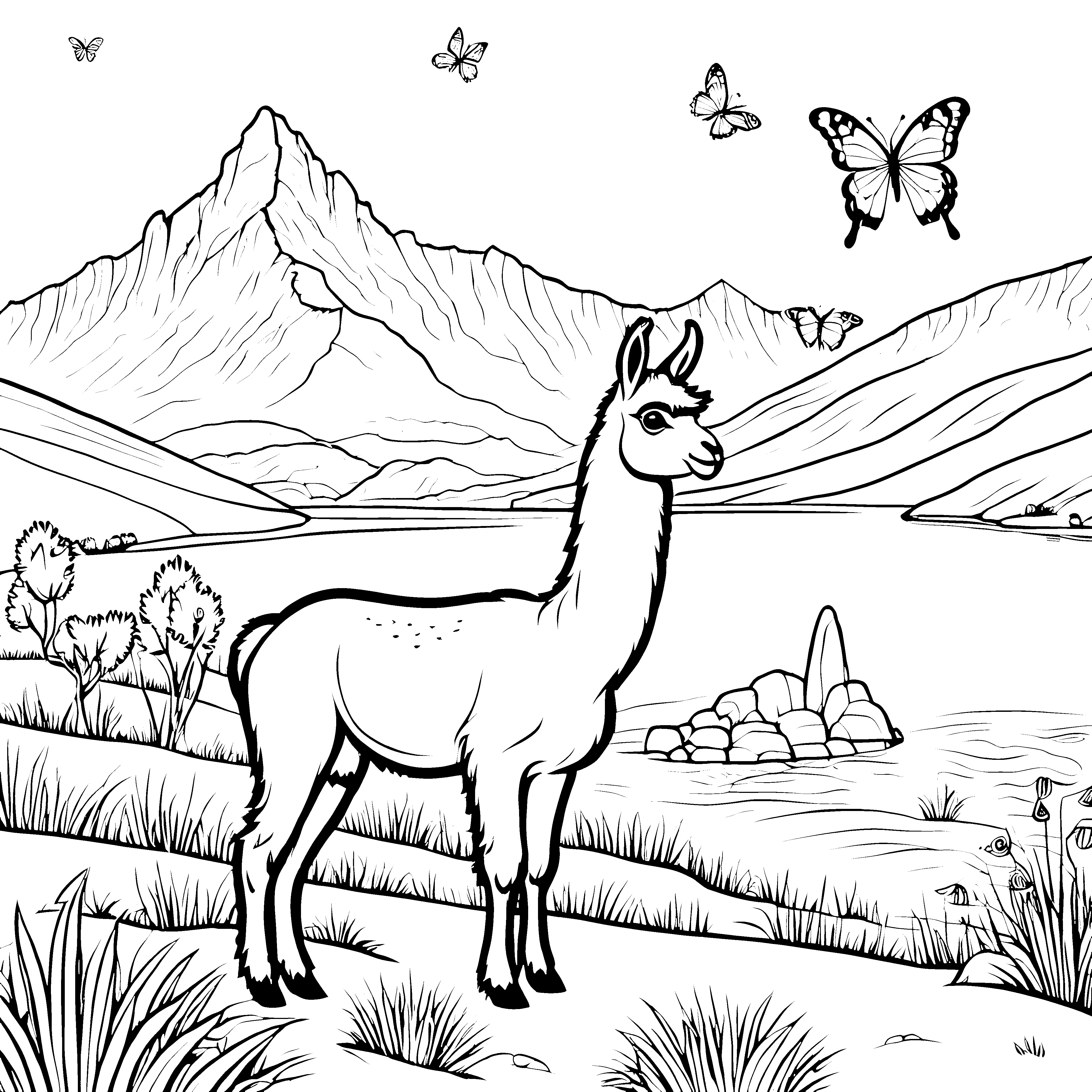 Verspielt lachendes Lama-Jungtier vor herrlicher Berglandschaft Ausmalvorlage für neugierige Naturfreunde