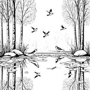Fantasievolle Vögel im Pfützenspiegel Ausmalbild für kleine Naturforscher