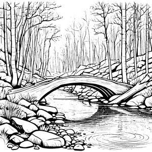 Schnörkelige Brücke über glitzerndem Wasser Ausmalbild für träumerische Naturfreunde