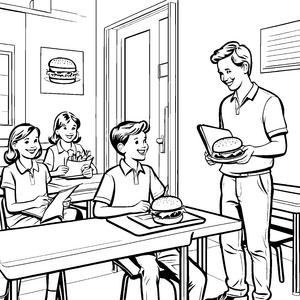 Leckere Burger-Schule mit fröhlichen Kids Ausmalvorlage für genussvolle Entdecker