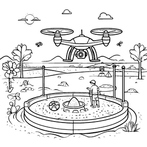 Drohne über spannender Sandburg Ausmalbild für kleine Technikfans