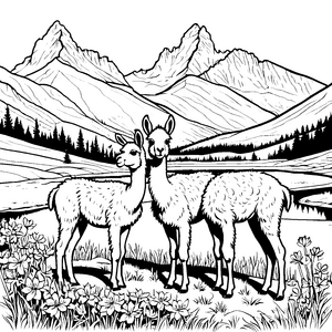 Kuschelige Lama-Jungtiere in der blühenden Natur Ausmalvorlage für neugierige Abenteurer