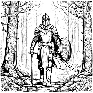 Ritter mit Helm und Schwert im magischen Wald Ausmalbild für tapfere Entdecker
