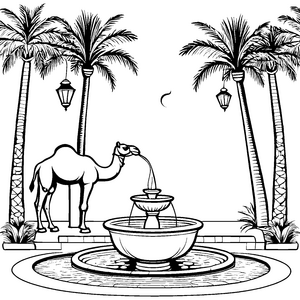 Witziges Kamel am sprudelnden Brunnen Ausmalbild für kreative Abenteurer