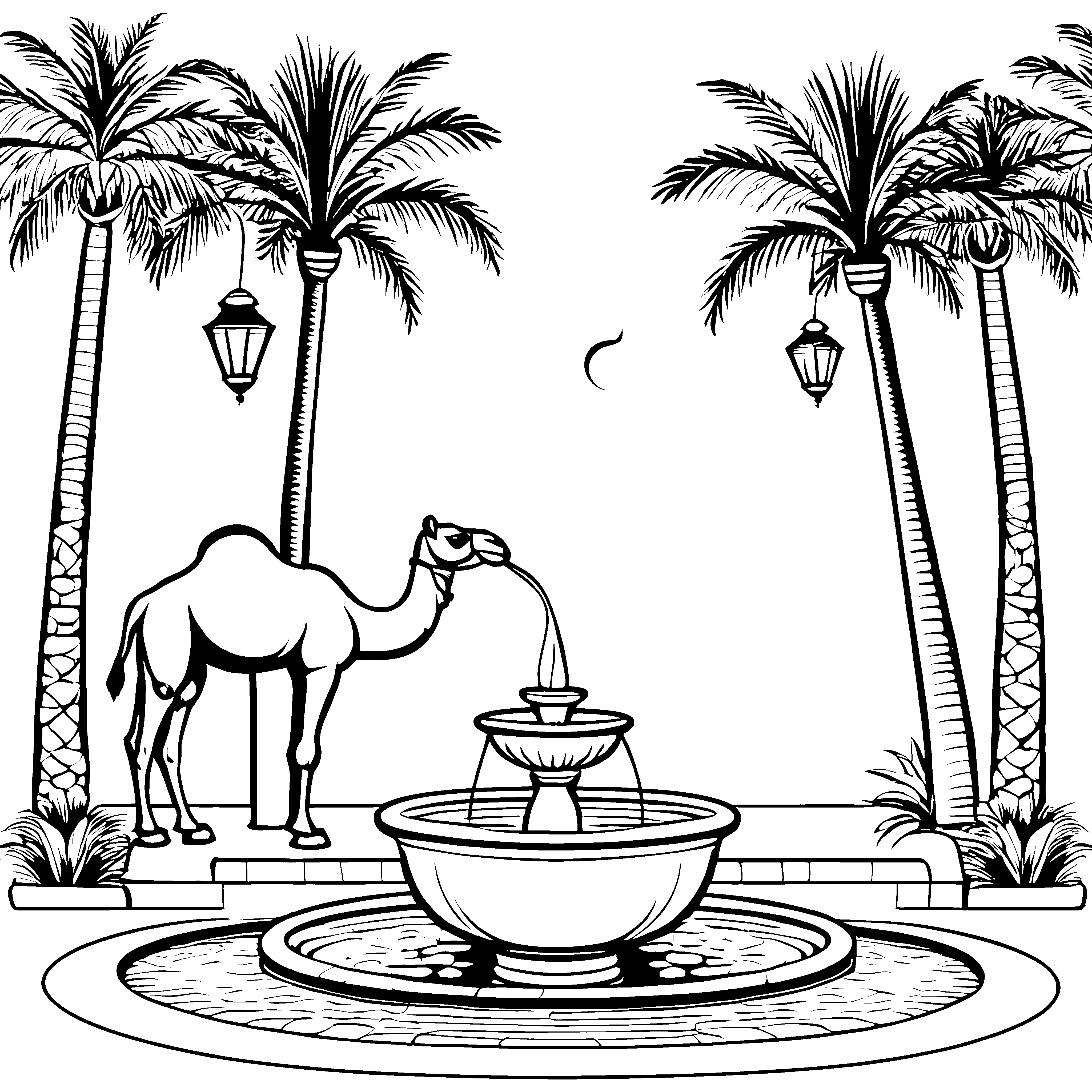 Witziges Kamel am sprudelnden Brunnen Ausmalbild für kreative Abenteurer